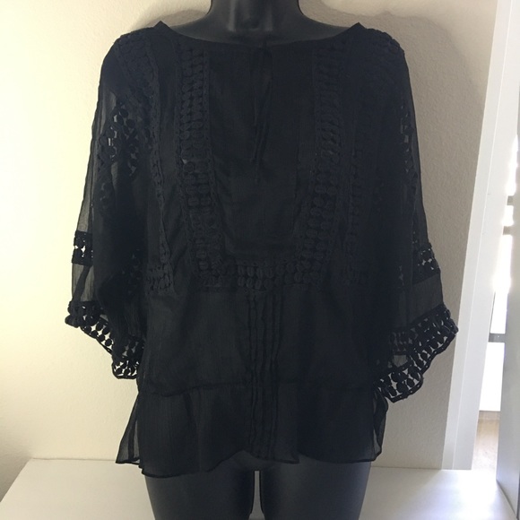 Daniel Rainn Tops - Daniel Rainn Sheer Black Crochet Lace Trim Peasant Blouse Size S